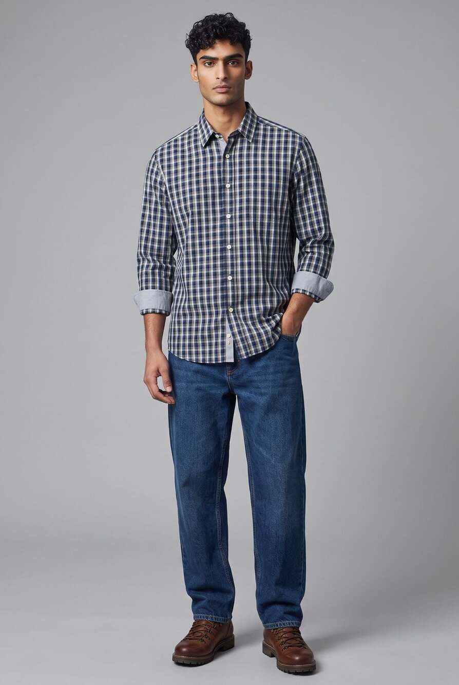 BOSS Men's Cotton Plaid Button Down Shirt Dark Blue Checks Large
